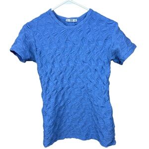 Zara Collection Woman Basic Blue Textured Ruched Knit Short Sleeve Top Size M